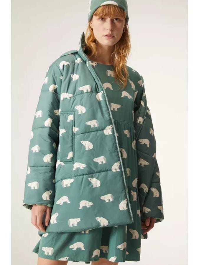 Compania Fantastica Polar Bear Print Long sleeved Gathered Mini Dress