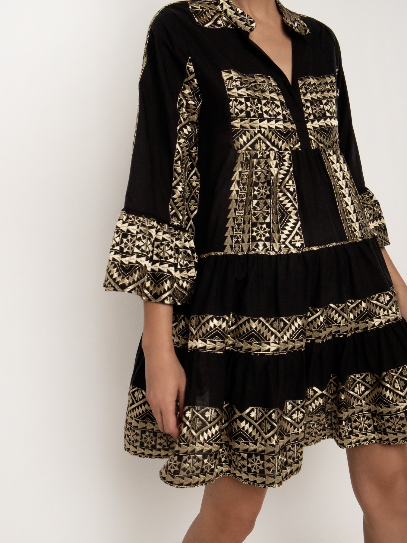 Greek Archaic Kori Embroidered Cotton Boho Mini Dress Black/Gold