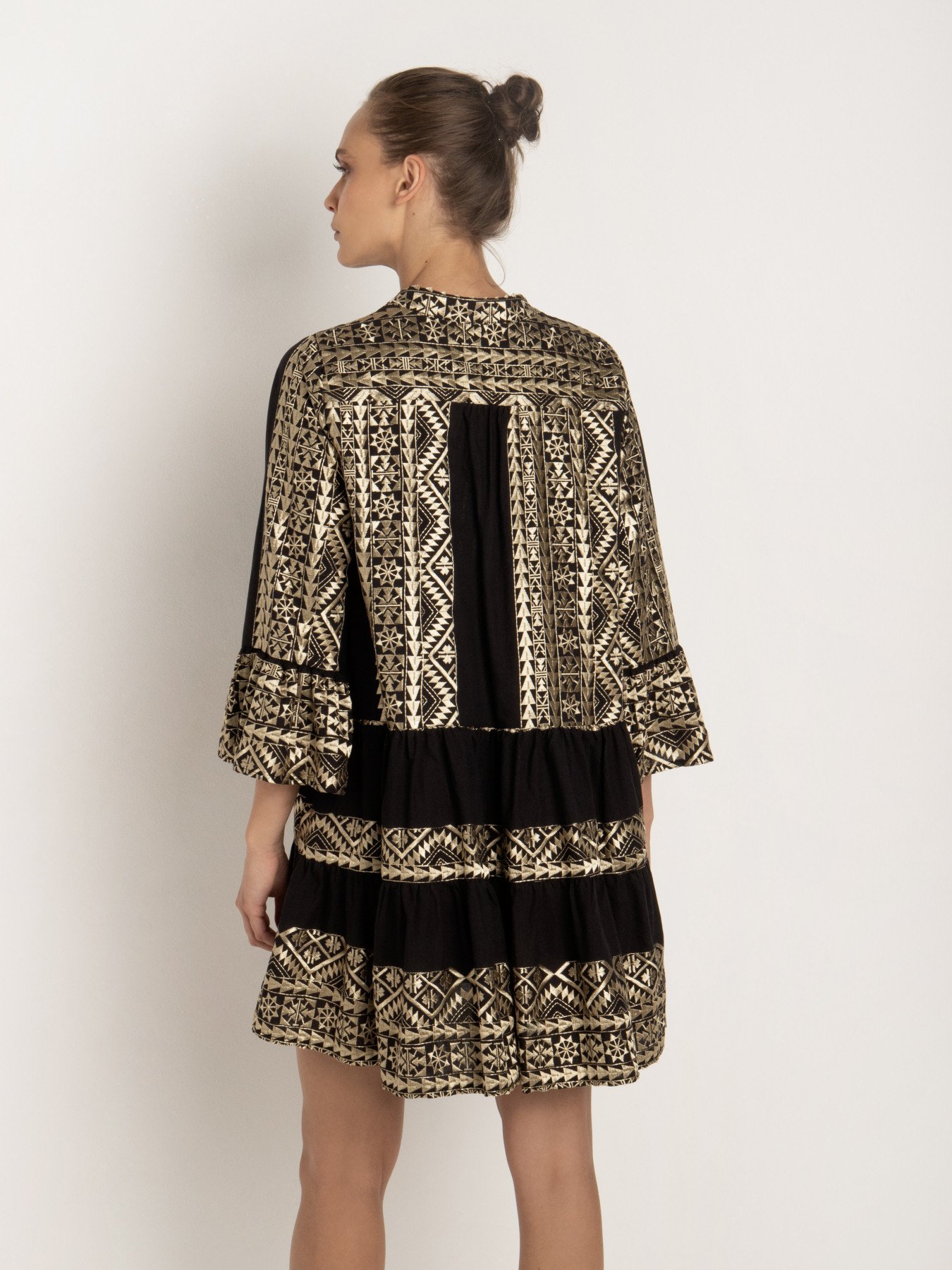 Greek Archaic Kori Embroidered Cotton Boho Mini Dress Black/Gold