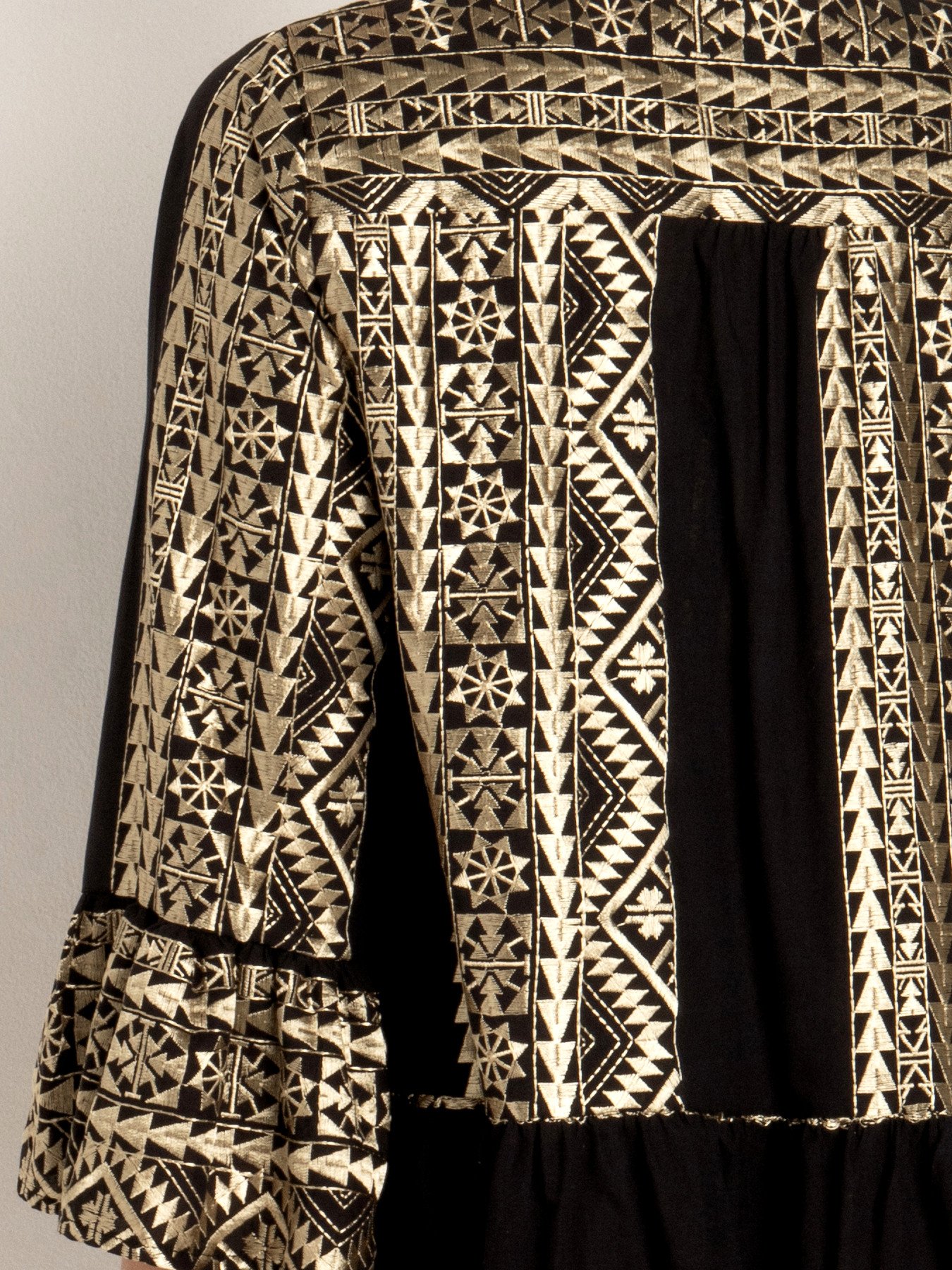 Greek Archaic Kori Embroidered Cotton Boho Mini Dress Black/Gold