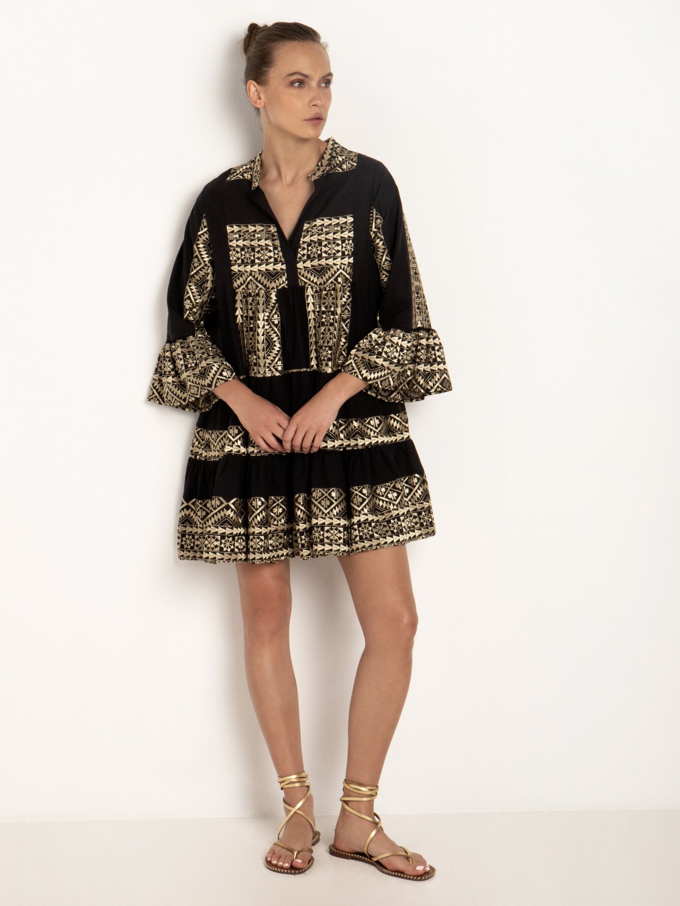 Greek Archaic Kori Embroidered Cotton Boho Mini Dress Black