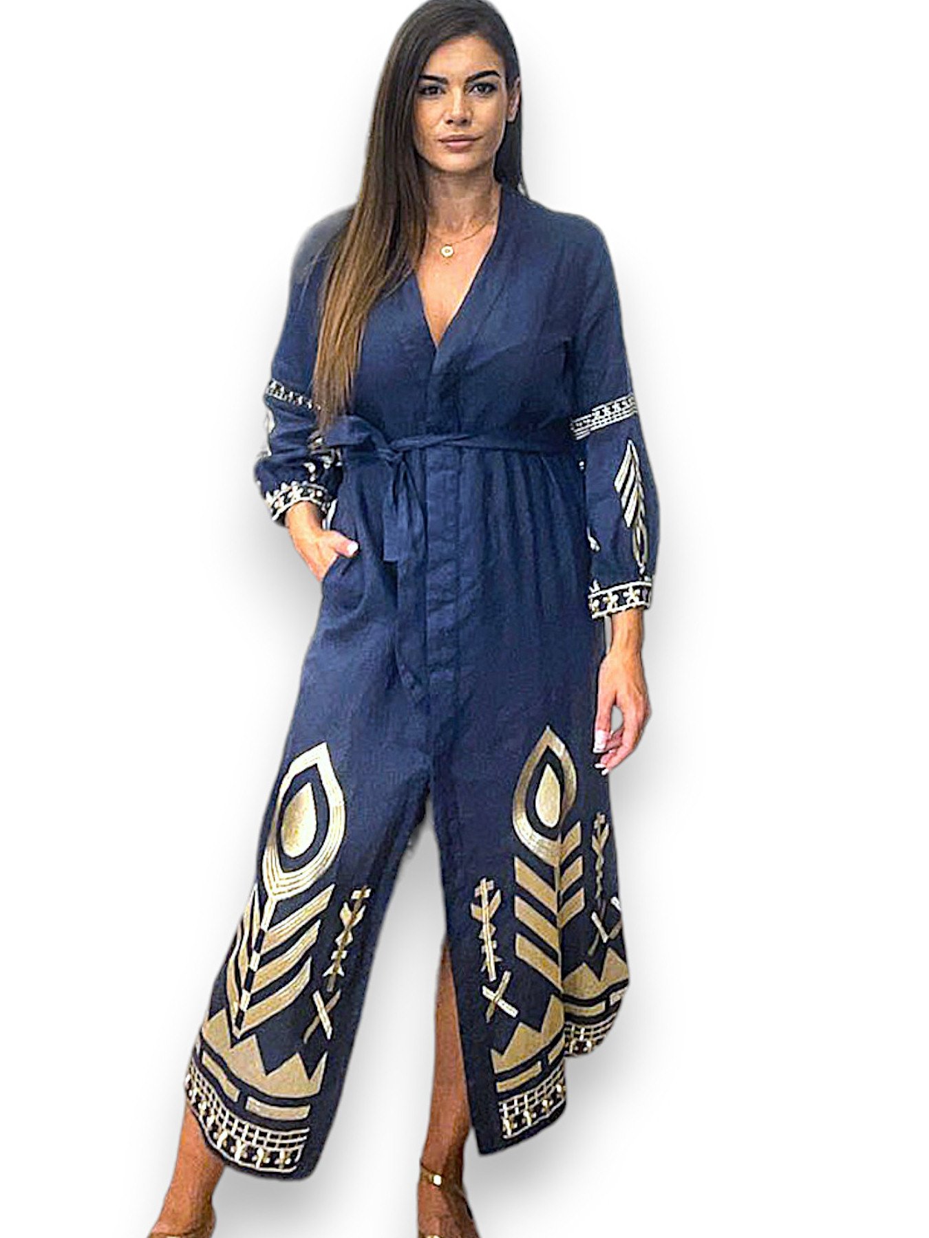 Chemisier Linen Maxi Kimono Dress Navy Blue-2
