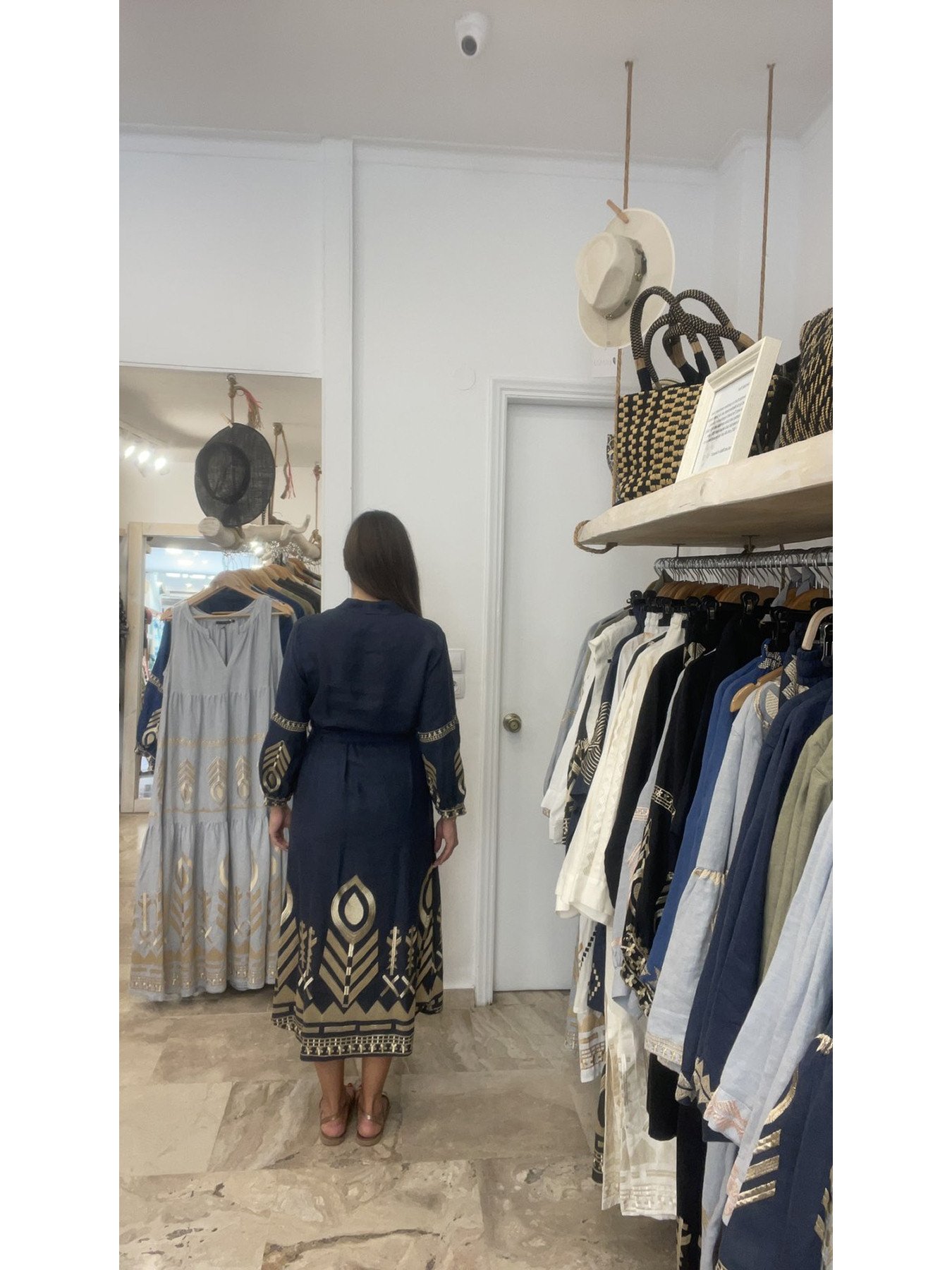 Greek Archaic Kori Embroidered Feather Chemisier Linen Maxi Kimono Dress Navy Blue/Gold