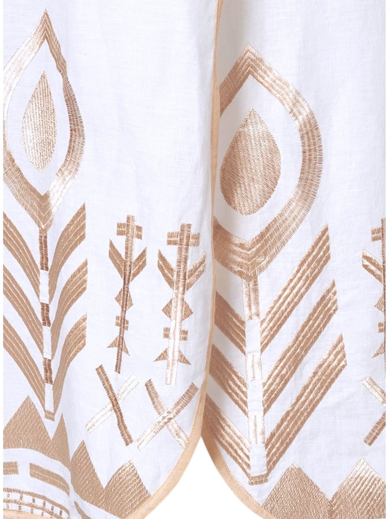 Greek Archaic Kori Off Shoulder Feather Linen Mixi Dress White/Gold