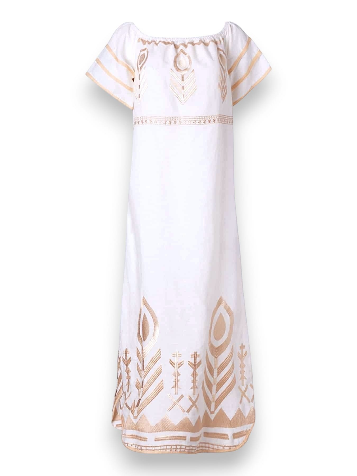 Greek Archaic Kori Off Shoulder Feather Linen Mixi Dress White/Gold