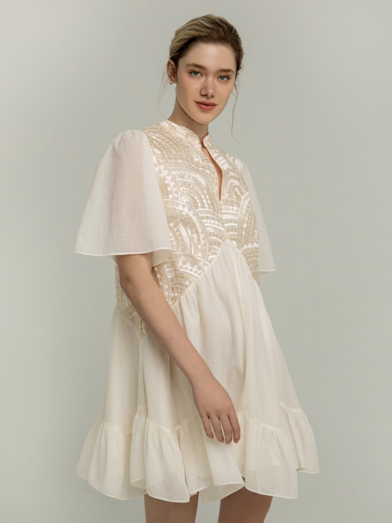 Greek Archaic Kori Triangle Mini Cotton Dress Beige/Champagne