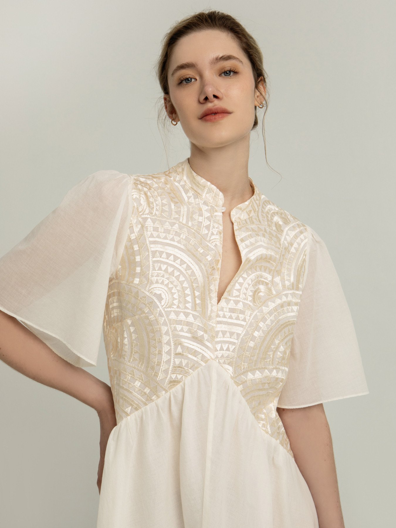 Greek Archaic Kori Triangle Mini Cotton Dress Beige/Champagne