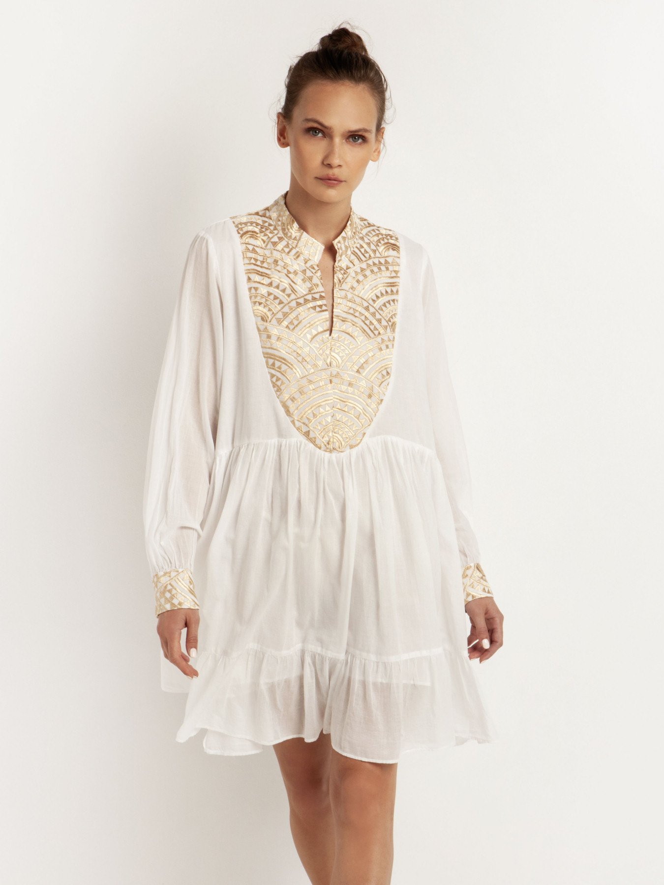 Greek Archaic Kori Embroidered Cotton Ruffles Mini Dress White-1