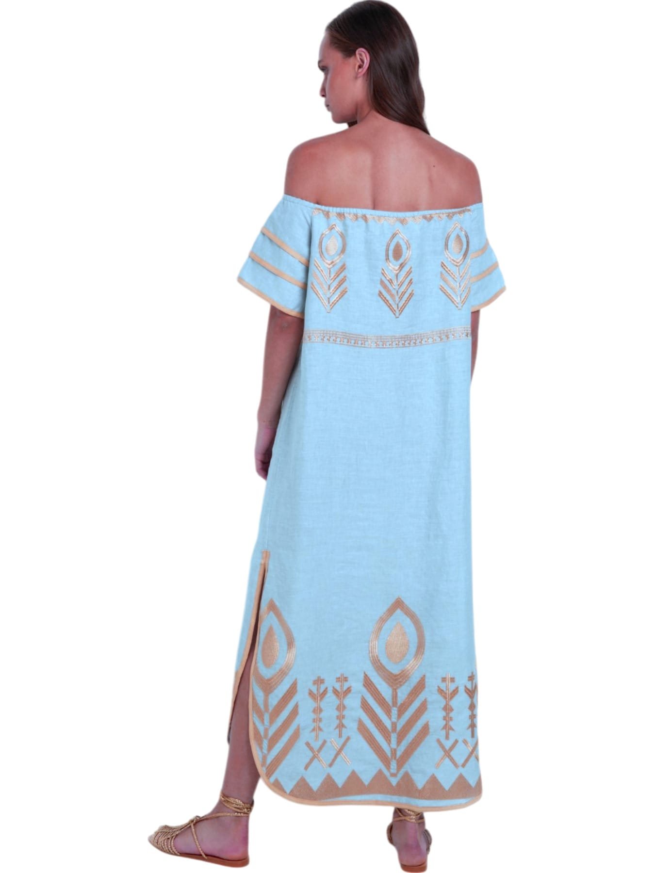 Greek Archaic Kori Off Shoulder Feather Linen Mixi Dress Ciel/Gold