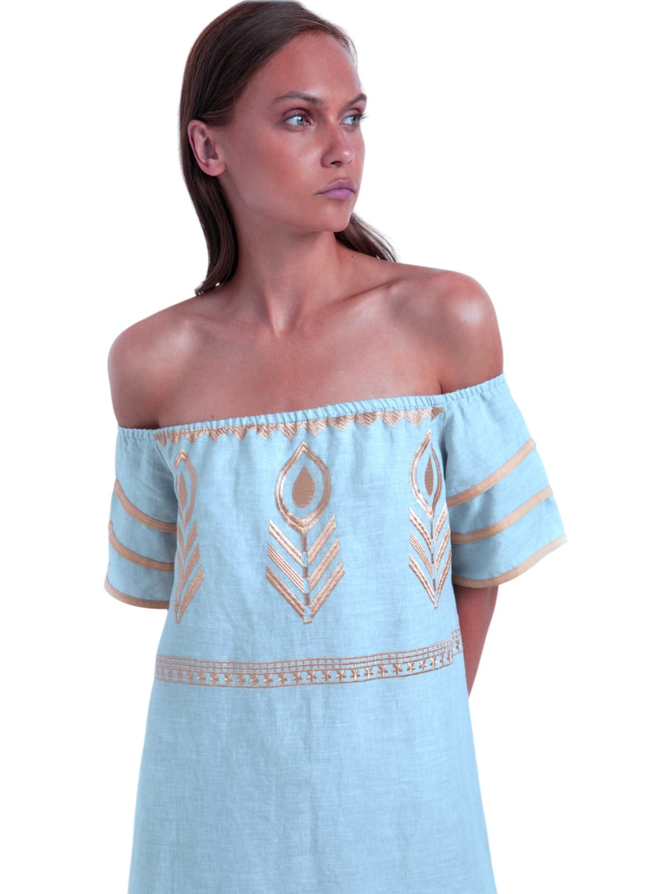 Greek Archaic Kori Off Shoulder Feather Linen Mixi Dress Ciel/Gold