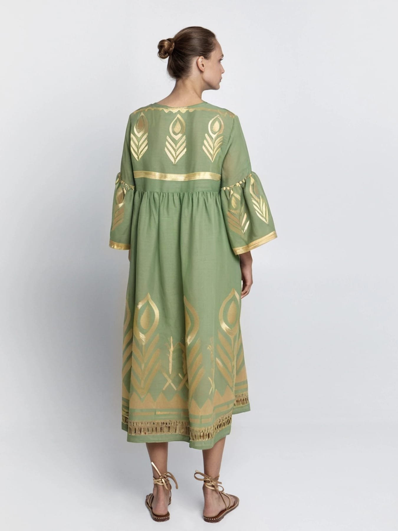 Greek Archaic Kori Feather Λινό Μίντι Φόρεμα Πράσινο/Χρυσό