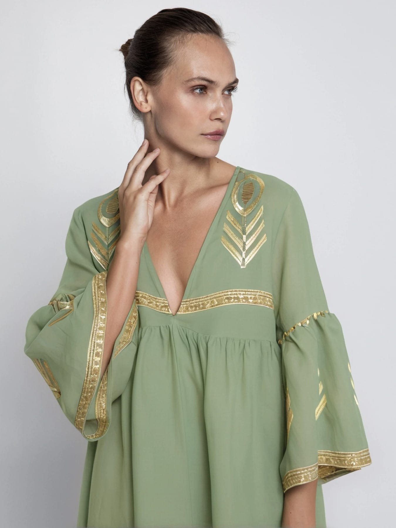 Greek Archaic Kori Feather Λινό Μίντι Φόρεμα Πράσινο/Χρυσό