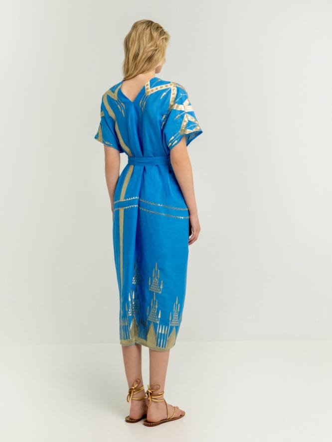 Greek Archaic Kori Embroidered Ramie Roots Φόρεμα Ραφ Μπλε/Χρυσό
