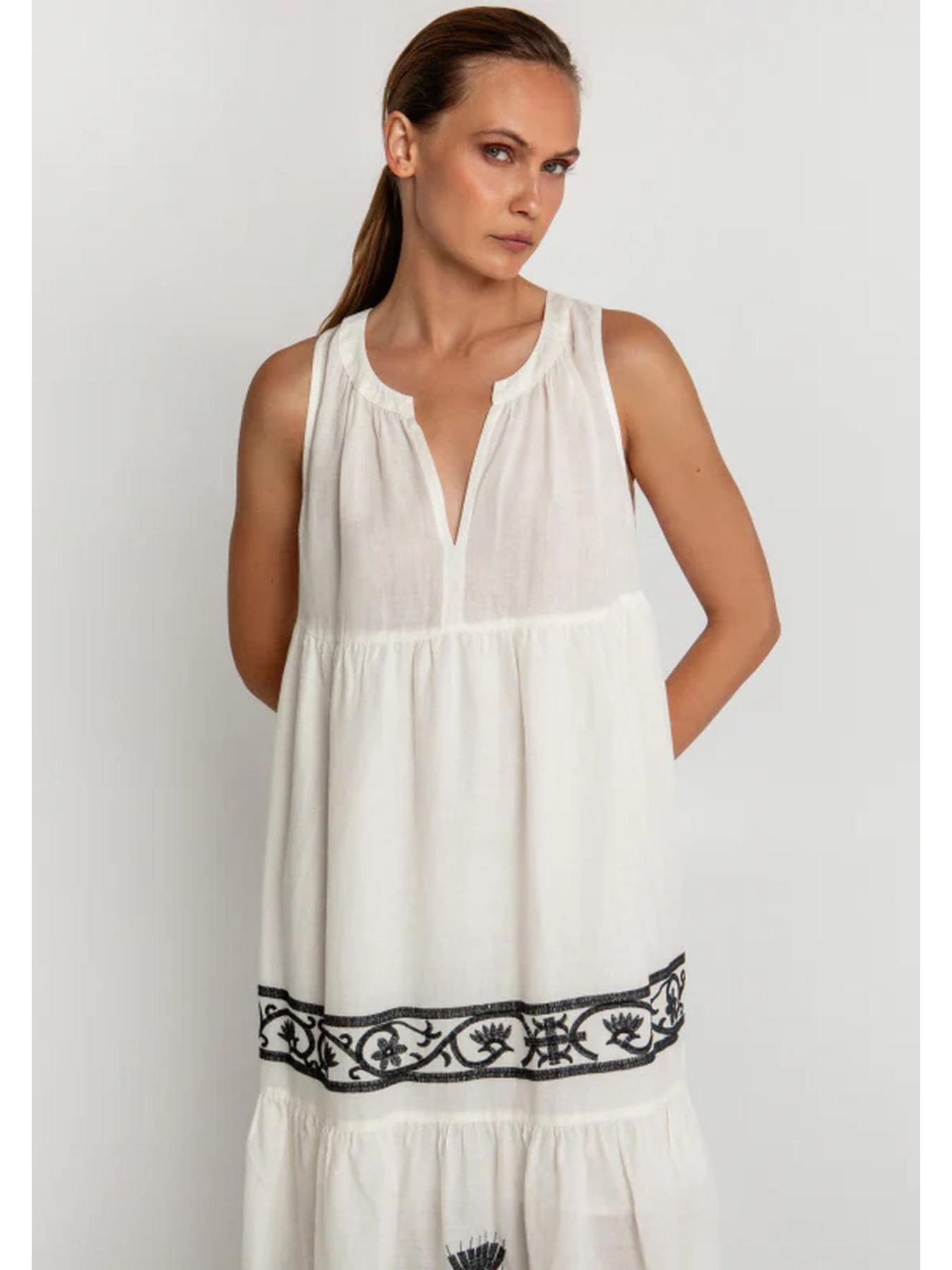 Greek Archaic Kori Crete Embroidered Ramie Maxi Dress Natural White/Black