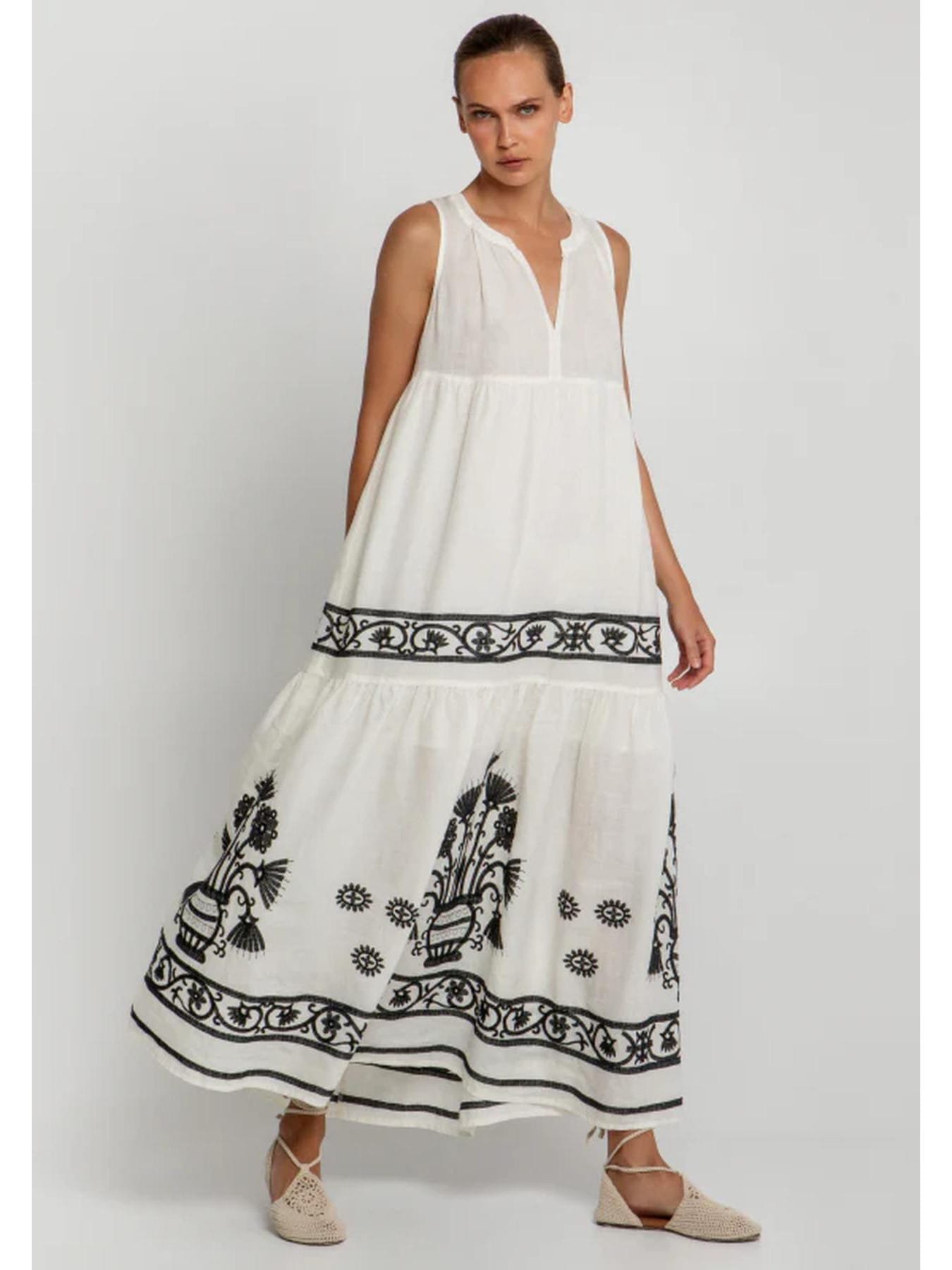 Greek Archaic Kori Crete Embroidered Ramie Maxi Dress Natural White/Black