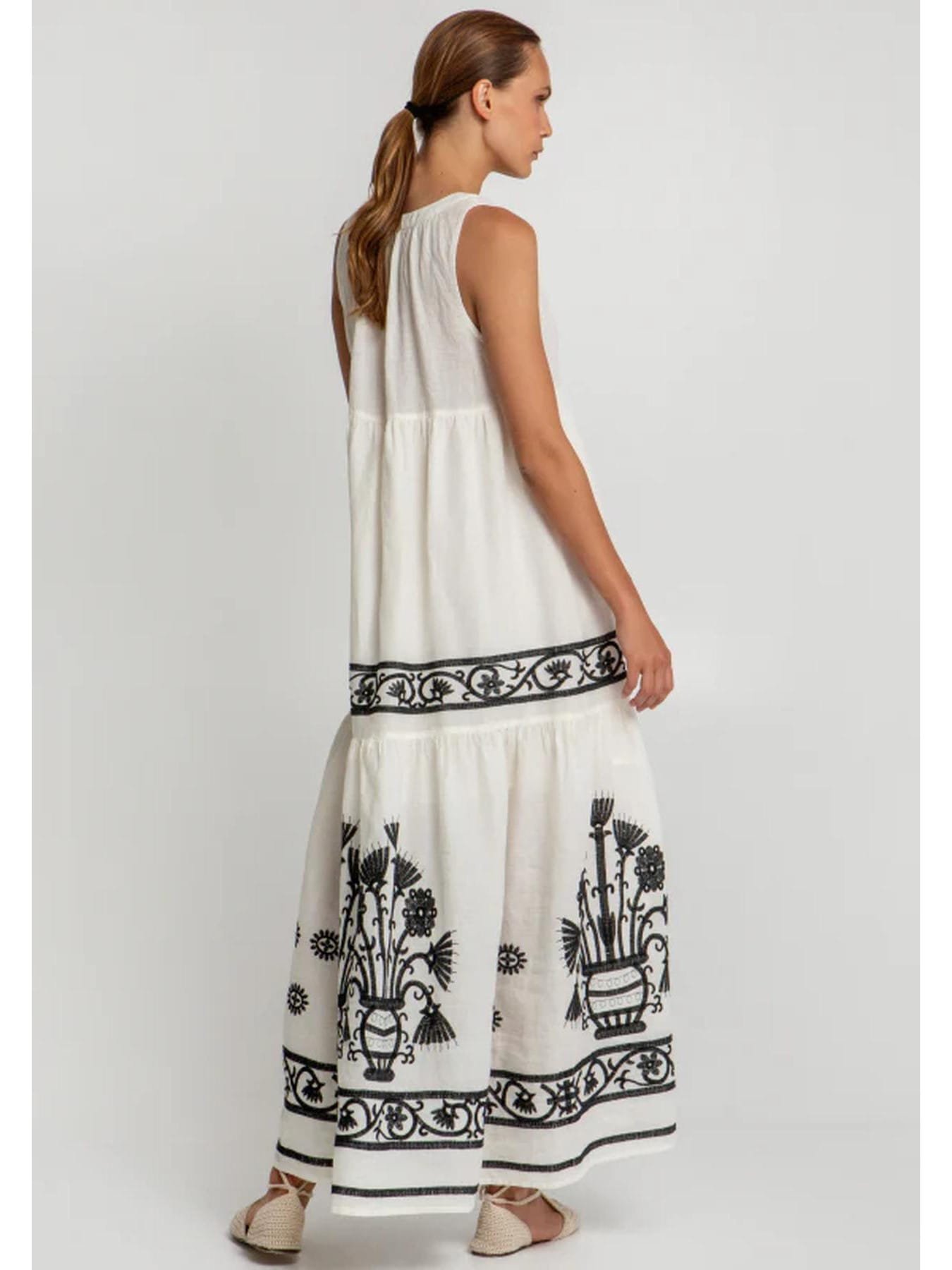 Greek Archaic Kori Crete Embroidered Ramie Maxi Dress Natural White/Black
